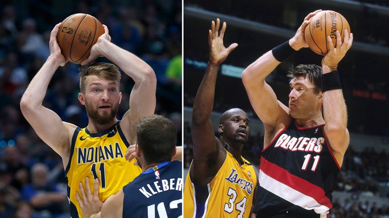 Indiana Pacers forward Domantas Sabonis on the left, with his father Arvydas Sabonis of the Portland Trailblazers with the ball as Shaquille O&#39;Neal defends on the right