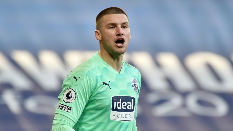 West Bromwich Albion's goalkeeper Sam Johnstone during the English Premier League soccer match between West Bromwich Albion and Brighton & Hove Albion at the Hawthorns, West Bromwich, England, Saturday, Feb. 27, 2021. (AP Photo/Rui Vieira)..