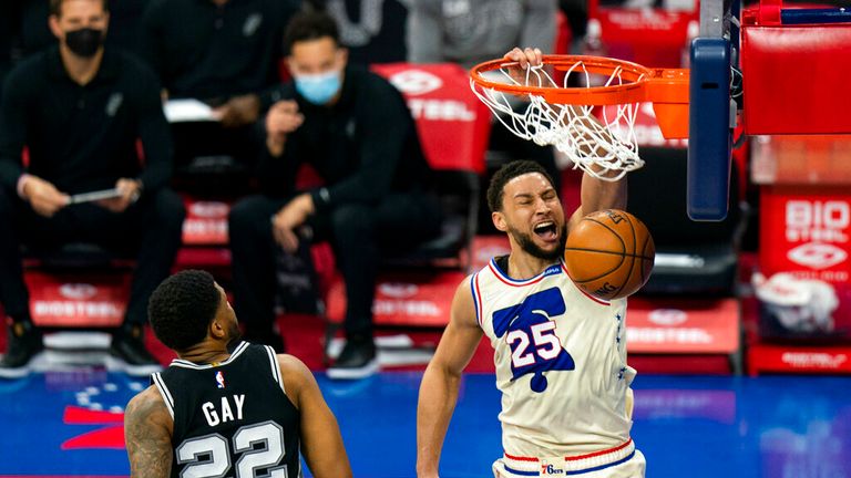 AP - Philadelphia 76ers' Ben Simmons, right, goes up for the dunk as he passes San Antonio Spurs' Rudy Gay
