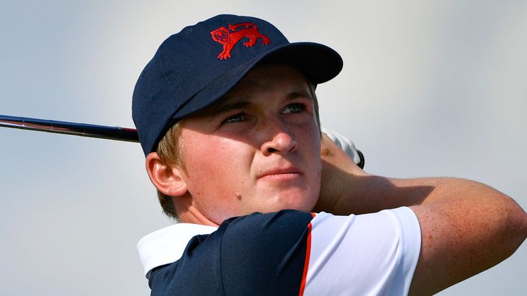 Sandy Scott (GB&I) plays from the 7th tee during the Sunday Singles in the Walker Cup at the Royal Liverpool Golf Club, Sunday, Sept 8, 2019, in Hoylake, United Kingdom. (Steve Flynn/Image of Sport via AP)