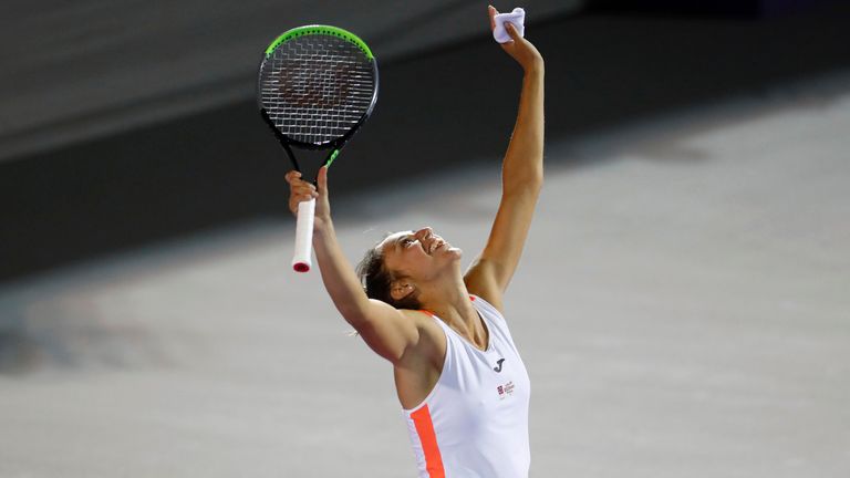 Spain's Sara Sorribes Tormo celebrates after winning in two sets, 6-2, 7-5, against Canada's Eugenie Bouchard during their final women's singles match in Abierto of Zapopan 2021 tennis tournament in Zapopan, Mexico, Saturday, March 13, 2021. (AP Photo/Refugio Ruiz)