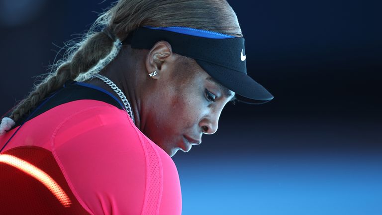 Serena Williams of the United States looks on in her Women’s Singles Semifinals match against Naomi Osaka of Japan during day 11 of the 2021 Australian Open at Melbourne Park on February 18, 2021 in Melbourne, Australia. (Photo by Cameron Spencer/Getty Images)