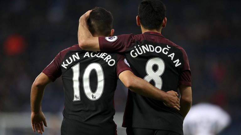 Manchester City&#39;s Ilkay Gundogan celebrates scoring his side&#39;s fourth goal of the game with team mate Sergio Aguero during the Premier League match at The Hawthorns, West Bromwich.