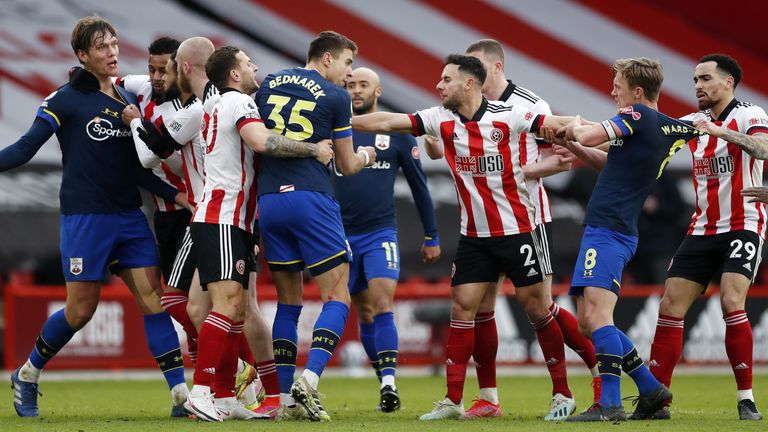 File photo dated 06-03-2021 of Tempers flare between Sheffield United and Southampton. Issue date: Thursday March 11, 2021.