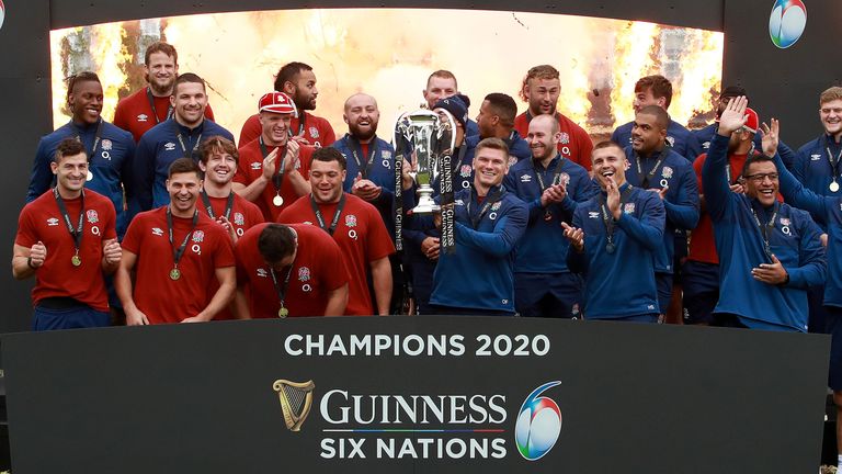 Owen Farrell, the England captain, lifts the Guinness Six Nations Trophy as England celebrate winning the Guinness Six Nations during the presentation at The Lensbury on November 01, 2020 in Teddington, England. (Photo by David Rogers - RFU/The RFU Collection via Getty Images)