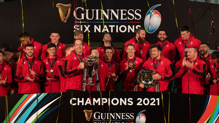 Close up x2 of Wales Six Nations trophy celebrations