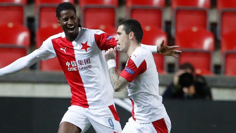 Slavia's Nicolae Stanciu celebrates after scoring his side's opening goal (AP Photo/Petr David Josek)