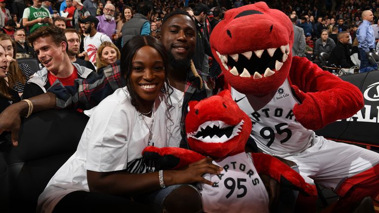 Sloane Stephens and Jozy Altidore attend the game between the Boston Celtics and the Toronto Raptors on April 4, 2018 at the Air Canada Centre in Toronto, Ontario, Canada. NOTE TO USER: User expressly acknowledges and agrees that, by downloading and or using this Photograph, user is consenting to the terms and conditions of the Getty Images License Agreement. Mandatory Copyright Notice: Copyright 2018 NBAE (Photo by Ron Turenne/NBAE via Getty Images)