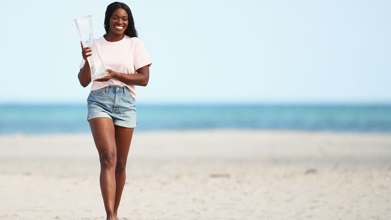 Sloane Stephens of the United States on Crandon Park Beach with the Miami Open trophy after her straight sets victory against Jelena Ostapenko of Latvia in the womens final during the Miami Open Presented by Itau at Crandon Park Tennis Center on March 31, 2018 in Key Biscayne, Florida. (Photo by Clive BrunskillGetty Images)