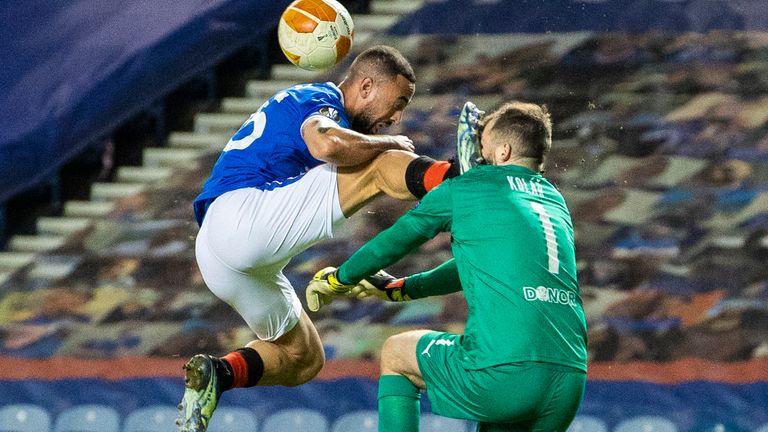Rangers' Kemar Roofe catches Slavia's Ondrej Kolar with a boot in the face and is sent off during the Europa League Round of 16 2nd Leg match at Ibrox
