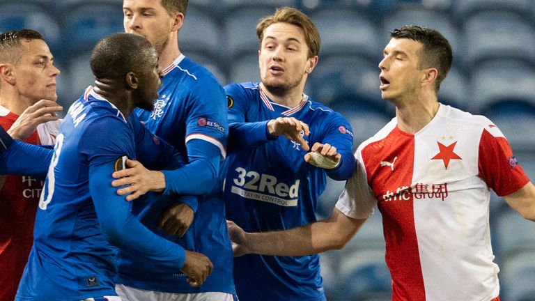 SNS - Rangers' Glen Kamara takes exception to something said by Slavia Prague's Ondre Kudela during the Europa League Round of 16 2nd Leg match at Ibrox