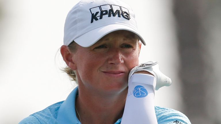 Stacy Lewis in actions during the final round of the LPGA's ANA Inspiration golf tournament at Mission Hills Country Club in Rancho Mirage, Calif., Sunday Sept. 13, 2020. (AP Photo/Ringo H.W. Chiu)