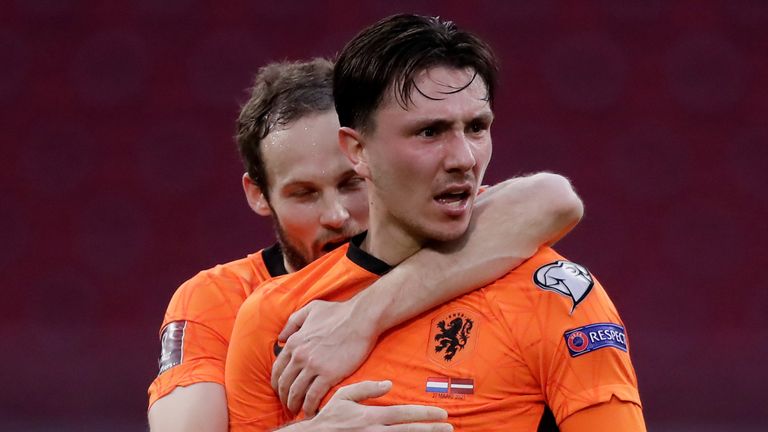 Steven Berghuis celebrates scoring for Netherlands against Latvia  