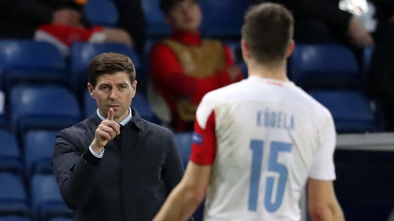 Steven Gerrard gestures towards Ondrej Kudela, later suggesting the Slavia Prague player had made racist comments
