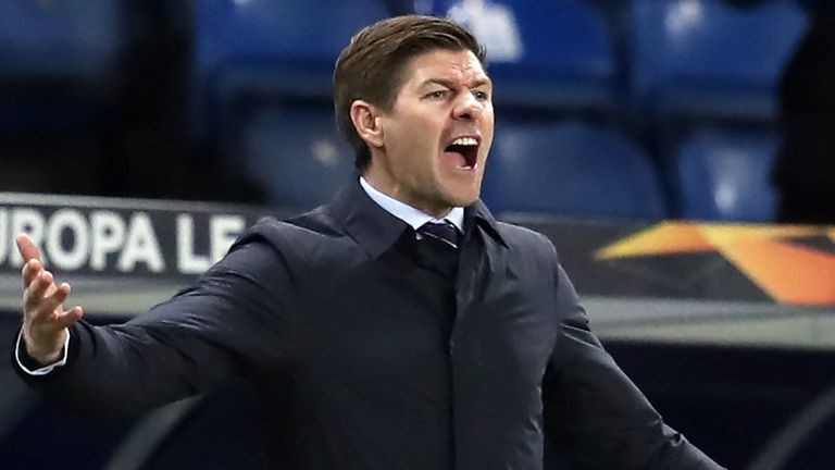Steven Gerrard shows his frustration during Rangers' loss to Slavia Prague