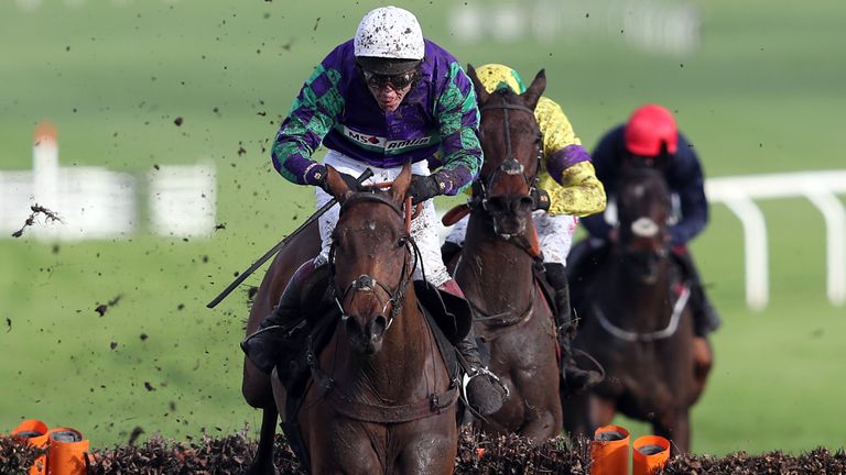 Thyme Hill, ridden by Richard Johnson, clears the last fence on the way to winning the Ballymore Novices Hurdle at Cheltenham in November.