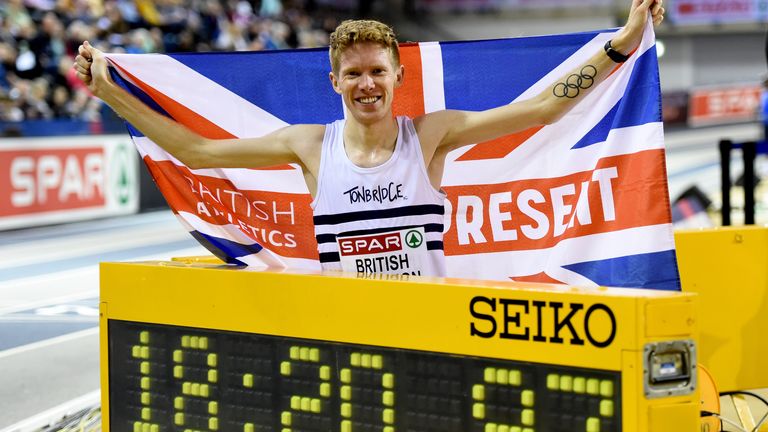 Tom Bosworth celebrates setting a new British record in the 5000m Walk in the 2020 British Athletics Indoor Championships
