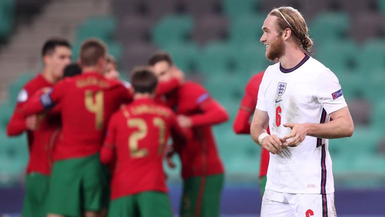England U21 midfielder Tom Davies reacts after Portugal's first goal 