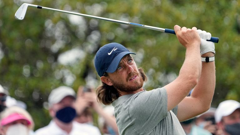 Tommy Fleetwood, of England, watches his drive from the No. 7 tee during a round of eight match at the Dell Technologies Match Play Championship