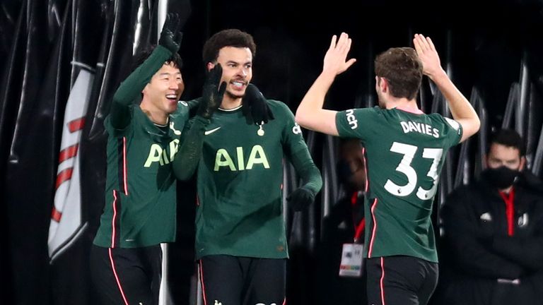 Tottenham celebrate the opening goal against Fulham at Craven Cottage