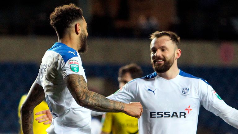 Kaiyne Woolery (L) was on target in the semi-final against Oxford as Tranmere booked their Wembley date with Sunderland