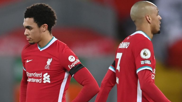 Trent Alexander-Arnold and Fabinho during Liverpool's defeat to Chelsea