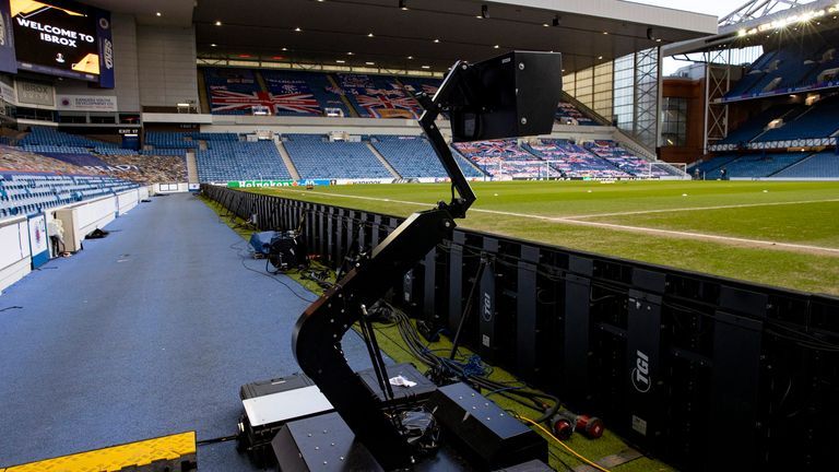 GLASGOW, SCOTLAND - FEBRUARY 25: VAR technology in operation during a UEFA Europa League match between Rangers and Royal Antwerp at Ibrox Stadium, on February 25, 2021, in Glasgow, Scotland. (Photo by Craig Williamson / SNS Group)