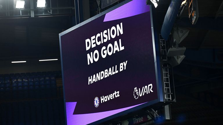 The big screen shows the VAR decision of no goal for handball against Chelsea's Kai Havertz during the Premier League match at Stamford Bridge, London. Picture date: Monday March 8, 2021.