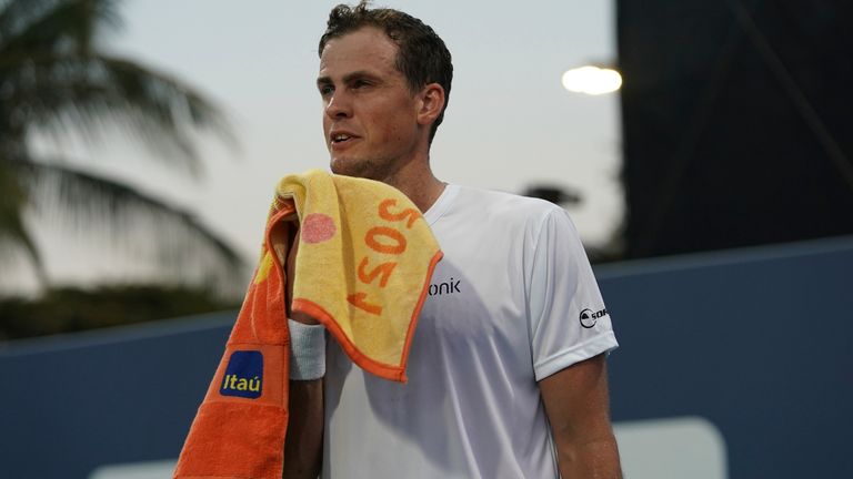 Vasek Pospisil (CAN) during the first round match of the Miami Open on March 24, 2021, at Hard Rock Stadium in Miami Gardens, Florida. (Photo by Michele Sandberg/Icon Sportswire) (Icon Sportswire via AP Images)