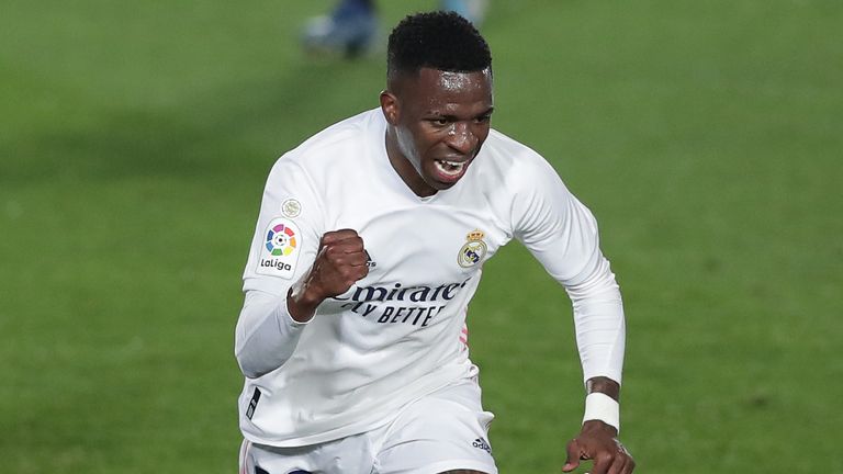 Vinicius Junior wheels away in celebration after salvaging Real Madrid a point against Real Sociedad
