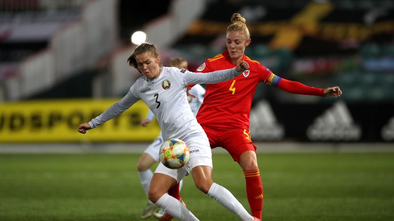 Wales' Sophie Ingle (right) and Belarus' Anastasia Linnik (left) battle for the ball during the…
