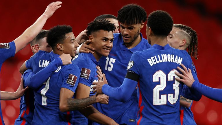 Ollie Watkins celebrates his first goal for England