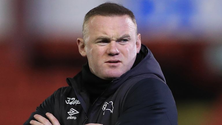 Derby County manager Wayne Rooney before the Sky Bet Championship match at Oakwell, Barnsley. Picture date: Wednesday March 10, 2021 (PA)