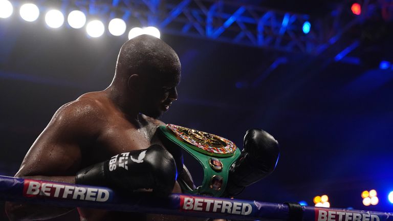 Alexander Povetkin v Dillian Whyte, Interim WBC Heavyweight World Title.
27 March 2021
Picture By Dave Thompson Matchroom Boxing
Dillian Whyte celebrates his win.