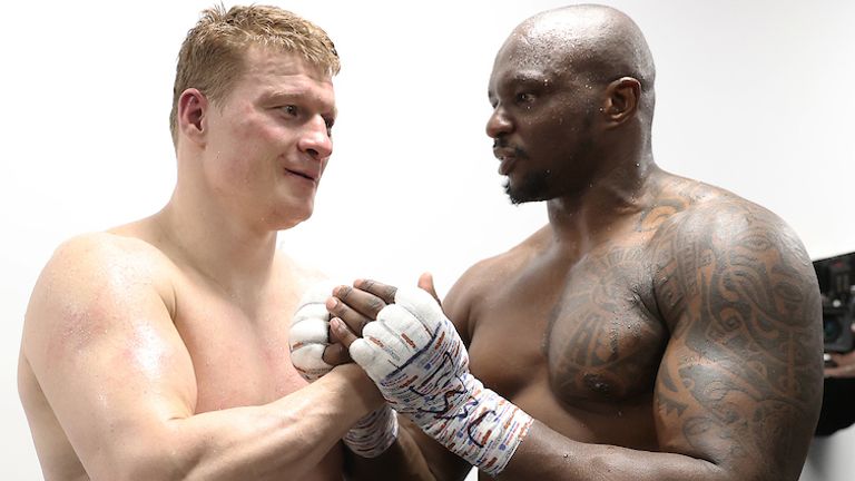 *** FREE FOR EDITORIAL USE ***.Alexander Povetkin v Dillian Whyte,  Interim WBC Heavyweight World Title..27 March 2021.Picture By Mark Robinson Matchroom Boxing.Dillian Whyte speaks to Alexander Povetkin back stage after his win.