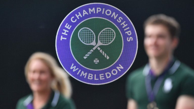 The Wimbledon emblem is seen at The All England Tennis Club in Wimbledon, southwest London, on July 1, 2019, on the first day of the 2019 Wimbledon Championships tennis tournament. (Photo by Daniel LEAL-OLIVAS / AFP) / RESTRICTED TO EDITORIAL USE (Photo credit should read DANIEL LEAL-OLIVAS/AFP via Getty Images)