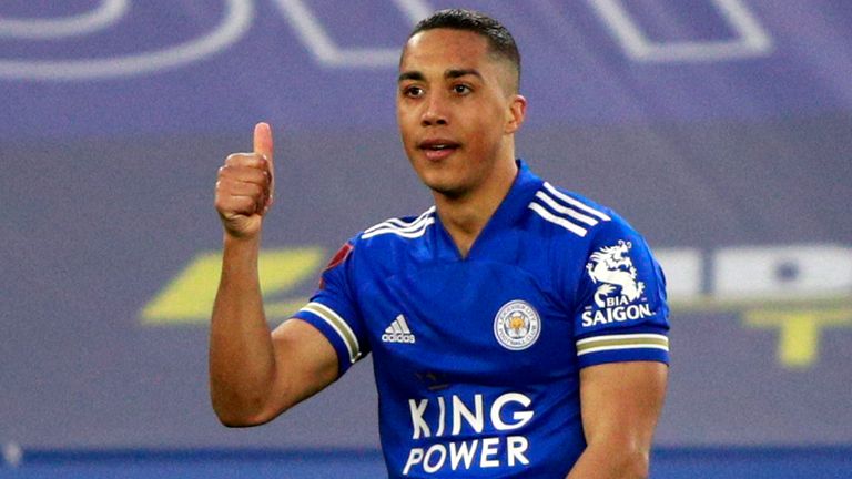 Leicester's Youri Tielemans celebrates after scoring his side's second goal during the English FA Cup quarter final between Leicester City and Manchester United at the King Power Stadium