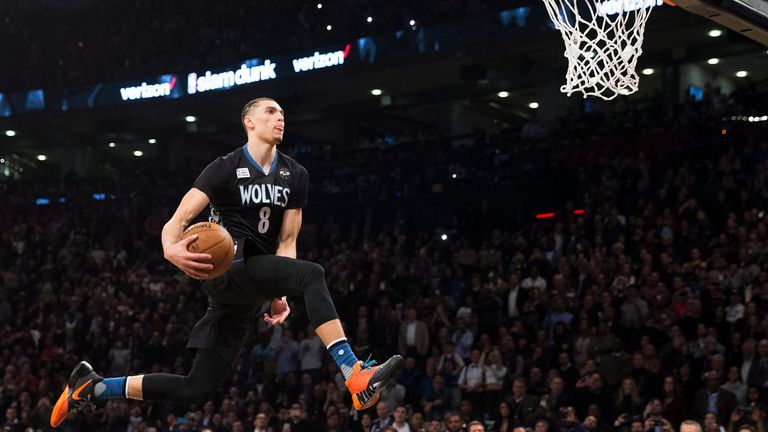 Zach LaVine slam dunks the ball during the NBA all-star skills competition in Toronto