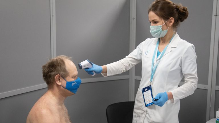 A Zenit fan has his temperature checked at the Krestovsky Stadium's mobile vaccination centre (Credit: FC Zenit)