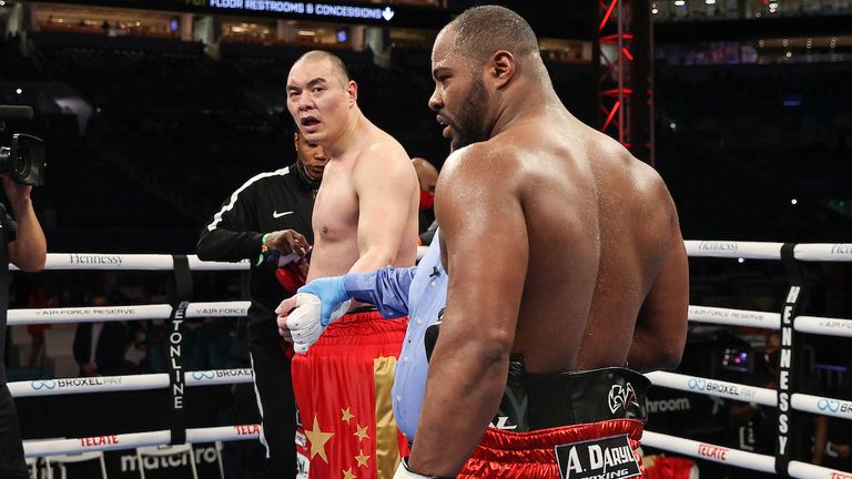 February 27, 2021; Miami, Florida; Zhilei Zhang and Jerry Forrest during their heavyweight bout at the Hard Rock Stadium in Miami, FL.  Mandatory Credit: Ed Mulholland/Matchroom.