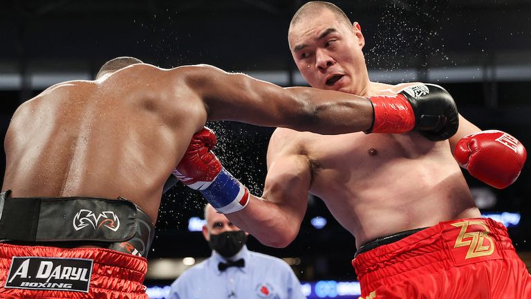 February 27, 2021; Miami, Florida; Zhilei Zhang and Jerry Forrest during their heavyweight bout at the Hard Rock Stadium in Miami, FL.  Mandatory Credit: Ed Mulholland/Matchroom.