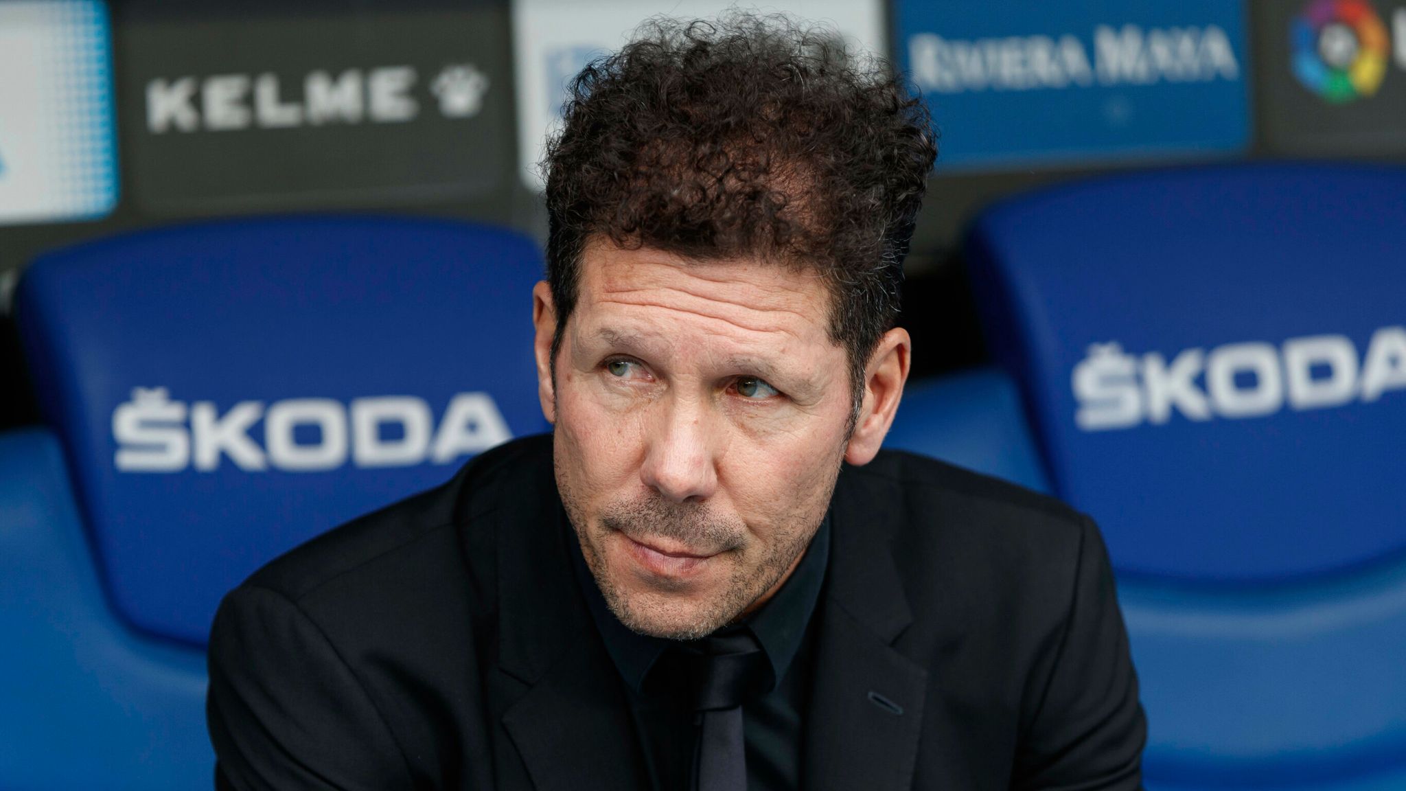  Diego Simeone, the coach of Atletico Madrid, is looking on during a match.