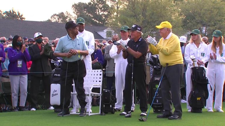 Lee Elder, the first Black golfer to play at The Masters, was warmly welcomed when he joined Jack Nicklaus and Gary Player as a new Honorary Starter
