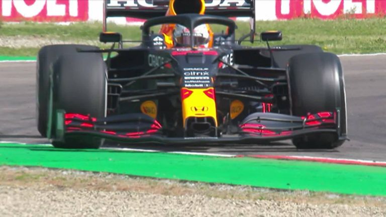 Max Verstappen runs wide and is off in the gravel during Practice One ahead of the Imola GP.