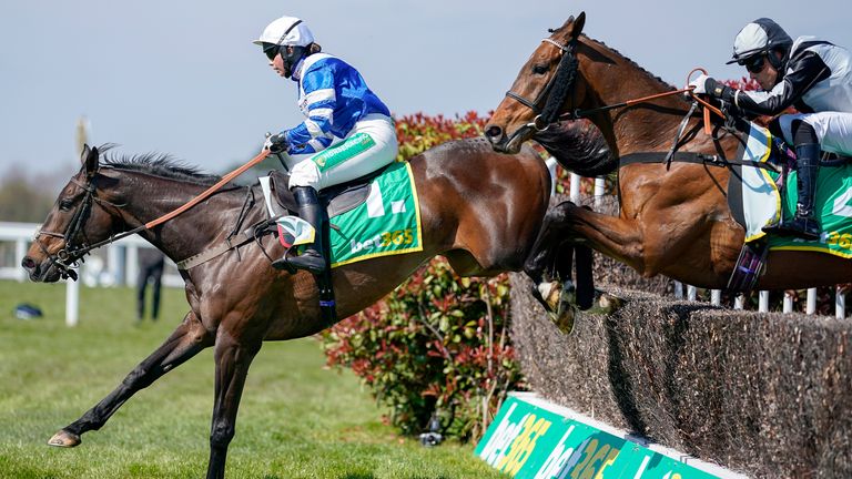 ESHER, ENGLAND - APRIL 24: Bryony Frost riding Frodon (L) clear the ditch on their way to winning The bet365 Oaksey Chase at Sandown Park Racecourse on April 24, 2021 in Esher, England. Sporting venues around the UK remain under restrictions due to the Coronavirus Pandemic. Only owners are allowed to attend the meeting but the public must wait until further restrictions are lifted. (Photo by Alan Crowhurst/Getty Images)