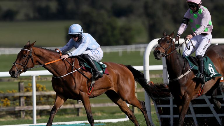 Honeysuckle (left) ridden by Rachael Blackmore on their way to winning the Paddy Power Champion Hurdle ahead of Sharjah (right) ridden by Patrick Mullins, during Day Four of the Punchestown Festival at Punchestown Racecourse in County Kildare, Ireland. Issue date: Friday April 30, 2021.