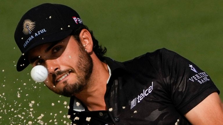 Abraham Ancer, of Mexico, hits out of a bunker on the second hole during the first round of the Masters golf tournament on Thursday, April 8, 2021, in Augusta, Ga. (AP Photo/Gregory Bull)