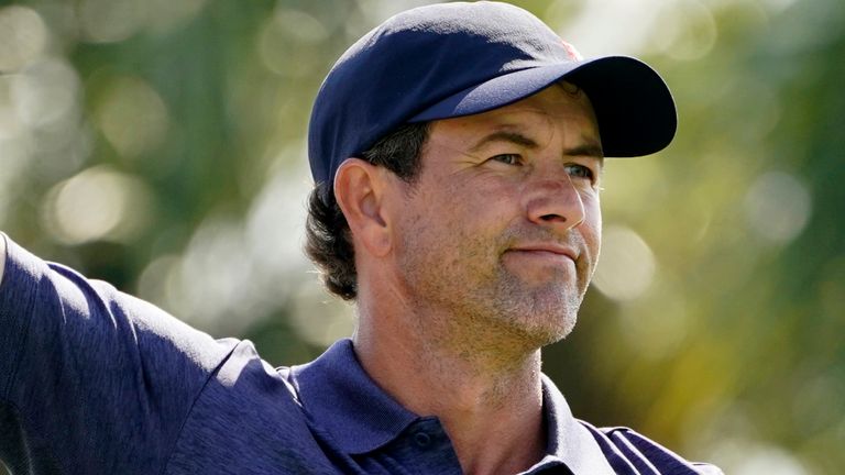 Adam Scott of Australia gestures after he hits from the fourth tee during the first round of the Honda Classic golf tournament, Thursday, March 18, 2021, in Palm Beach Gardens, Fla. (AP Photo/Marta Lavandier)