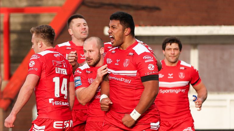 Hull KR's Albert Vete celebrates his try.