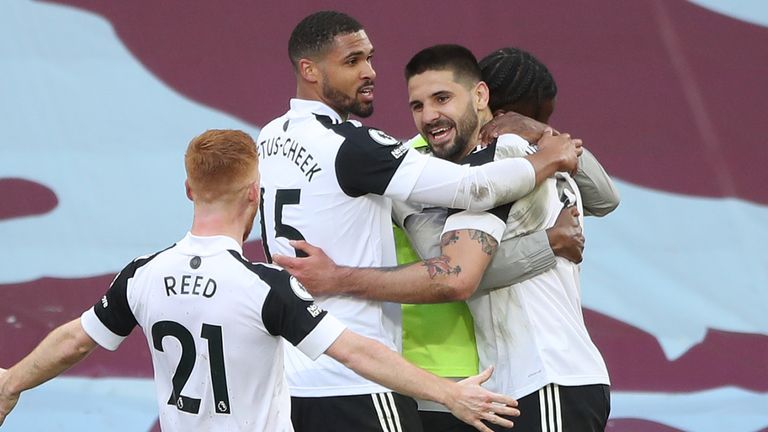 Fulham's Aleksandar Mitrovic celebrates his goal against Aston Villa with team-mates